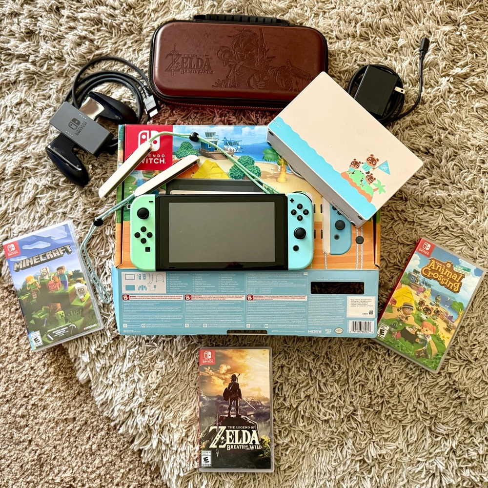 Nintendo Switch Animal Crossing Console w/ 3 Games and Zelda Carrying Case